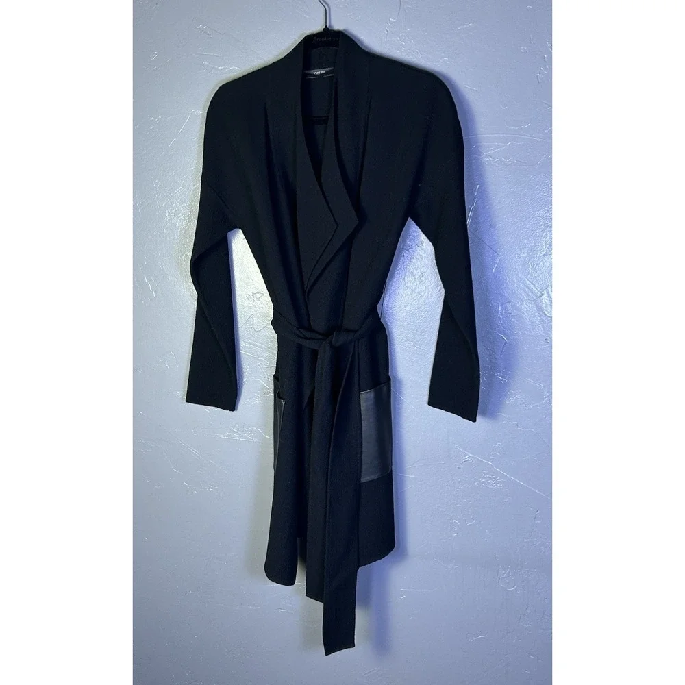 Women's Per Se Black Wool Cardigan W/ Leather Pockets With Tie Belt Size L